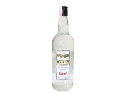 Triple Sec liqueur bottle, clear glass with label and black cap.