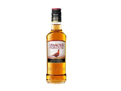 The Famous Grouse 350ml whisky bottle with amber liquid, red label, and dark cap