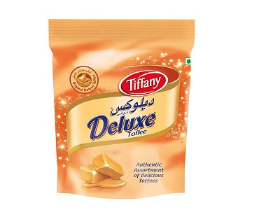 Tiffany Deluxe toffee candy pouch, golden front with toffee pieces illustration