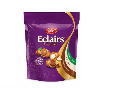 Assorted toffee eclair bag with Tiffany purple packaging and caramel-filled chocolates