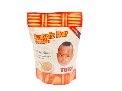 Toha composite flour bag for babies, white powder inside, front label view