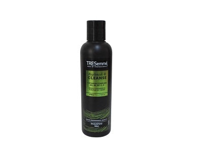 TRESemme Cleanse shampoo bottle, black with green label, pump-top, 1L