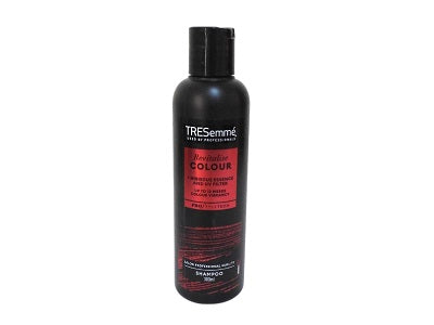 Tresemme shampoo bottle, black cap, red Colour label