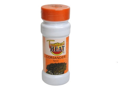 Tropical Heat coriander spice bottle, 50g, orange cap and white label.