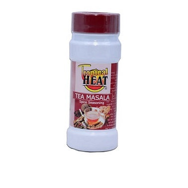 Tropical HEAT tea masala seasoning bottle, red label and white cap