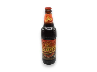 Turbo king beer bottle, 50 cl, dark glass with red label and crown cap