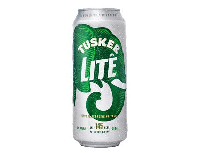 Tusker Lite beer can, silver with green label, 500 ml