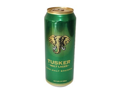 500ml Tusker malt lager beer tin, green can with elephant logo and gold lid