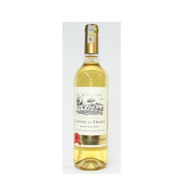 Isabelle de France white wine bottle with pale gold liquid and gold foil neck