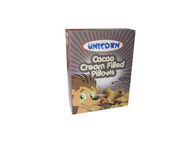 Unicorn cacao cream filled pillows box, 500 g, brown with unicorn character