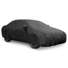 Dark gray fitted car cover for full car protection, with front and mirror openings