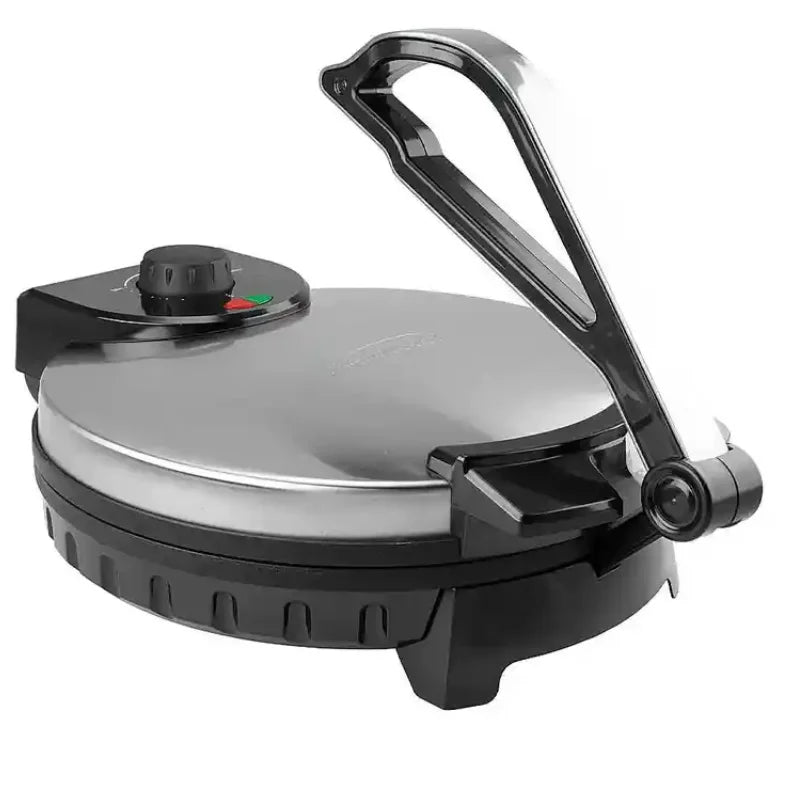 Electric roti maker with round non-stick plates, flip handle and control knob