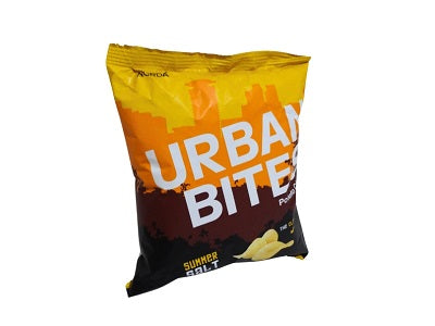 Tomato crisps snack bag, yellow and black, labeled Urban Bites Summer Salt