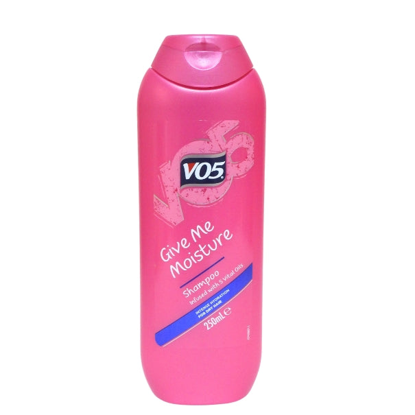 V05 shampoo bottle with pink flip-top cap and “Give me Moisture” label