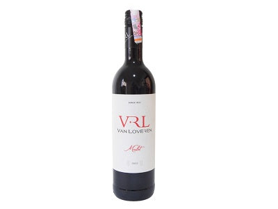 Van Loveren Merlot wine bottle, 750 ml, dark glass with white label and VRL logo