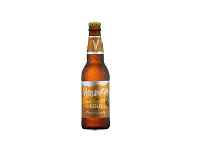 Virunga Gold beer bottle, brown glass with gold label and crown cap