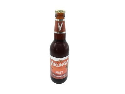 Dark amber beer bottle with Virunga Mist label and capped top