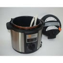 Stainless steel rice cooker with black lid and handle, included power cord