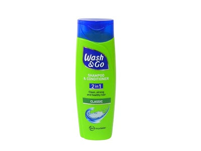 Wash&Go 2-in-1 shampoo and conditioner bottle, green with blue cap and label, 200 ml