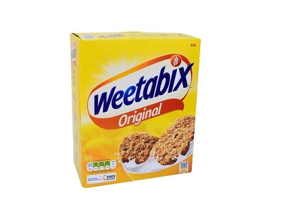 Weetabix Original cereal box, yellow packaging with blue logo and biscuit photo