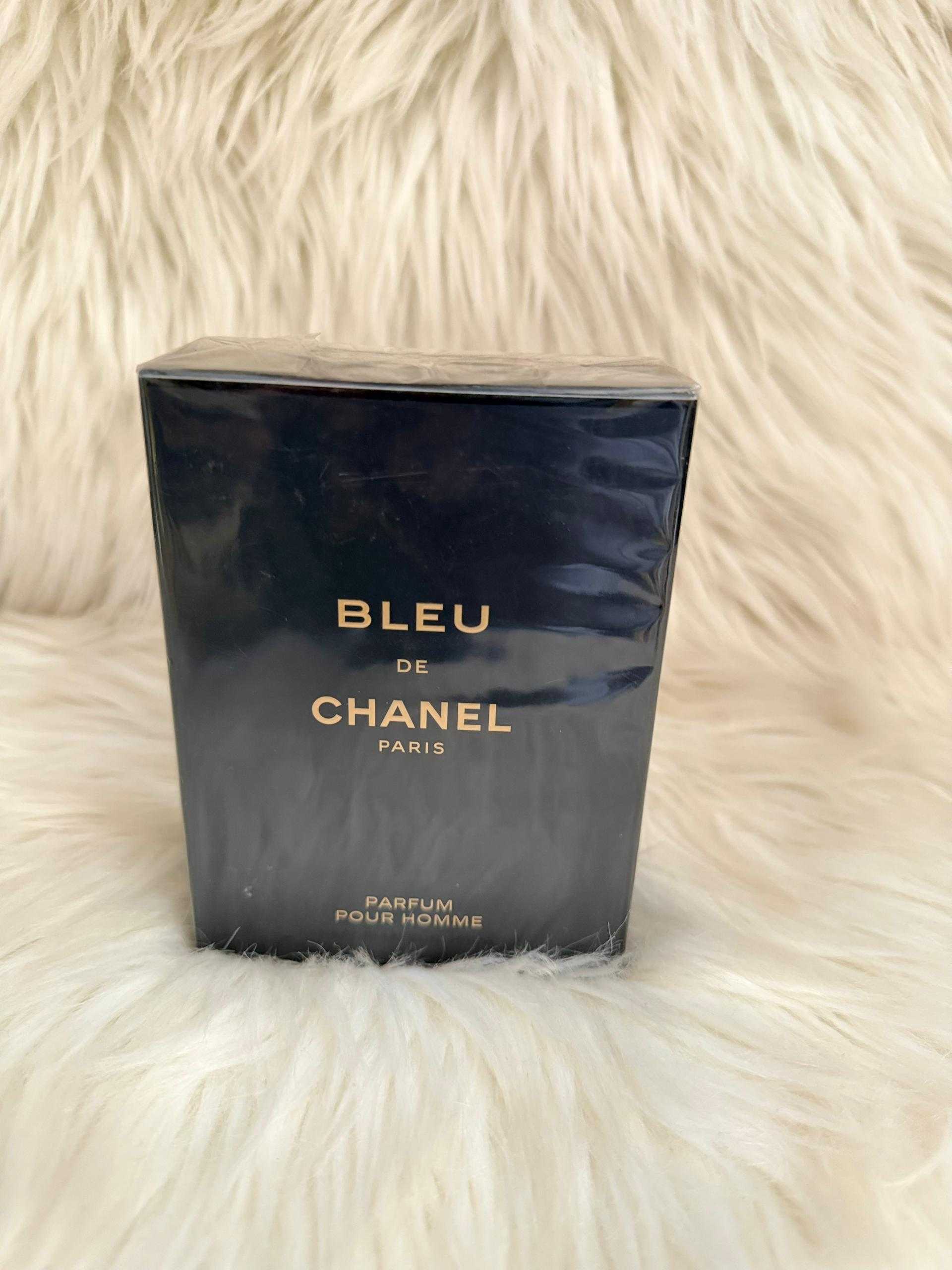 Bleu de Chanel Pour Homme perfume box, dark blue gradient with label text