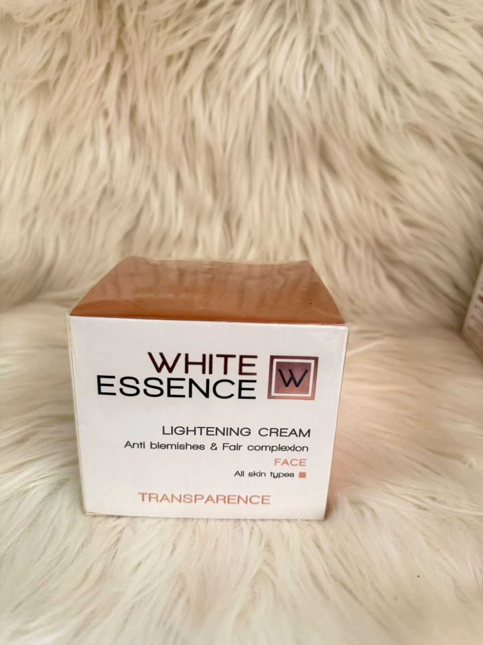 White Essence lightening cream box, Transparency label and jar graphic