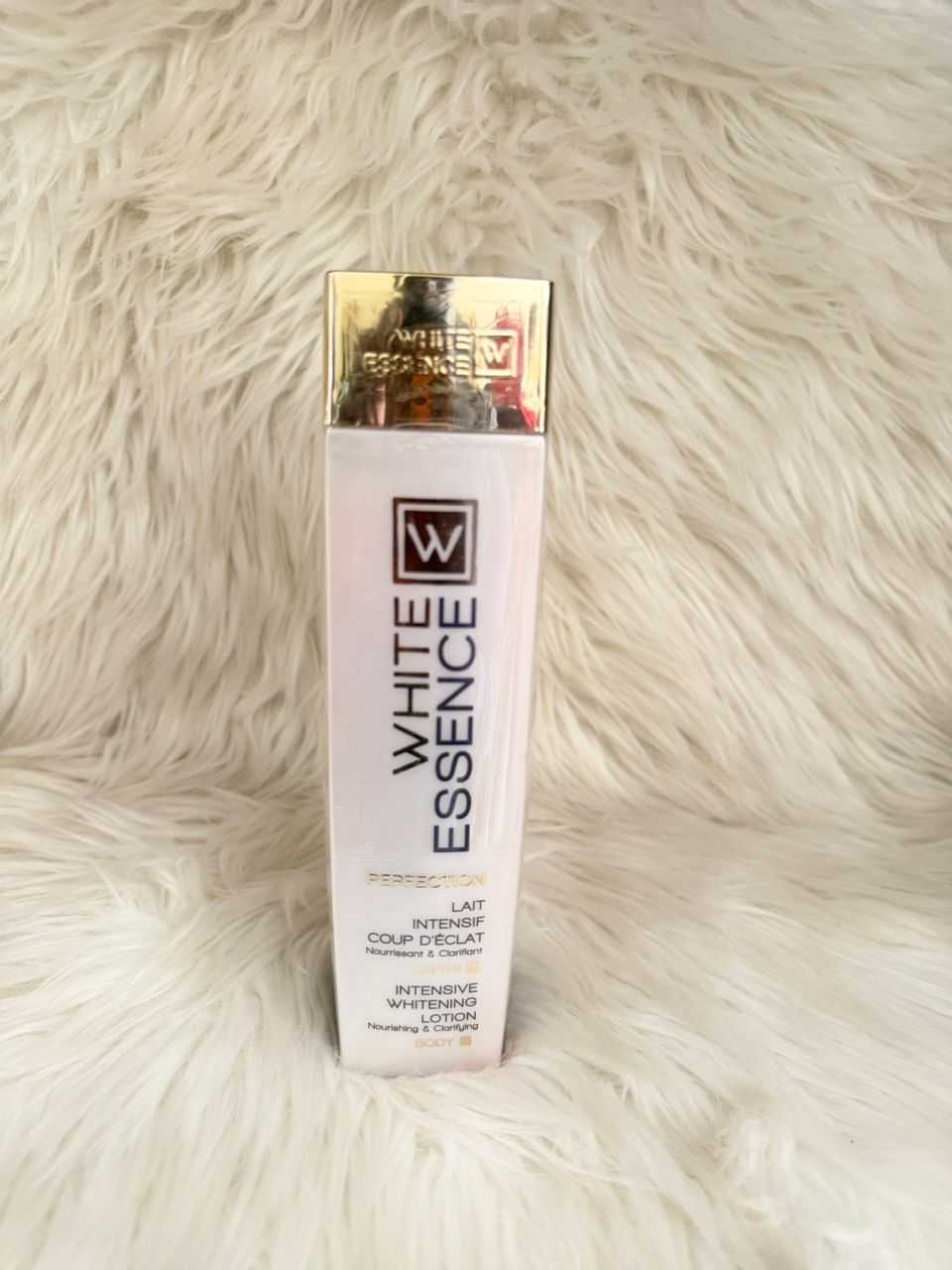 White Essence intensive whitening lotion box, rectangular carton with gold top