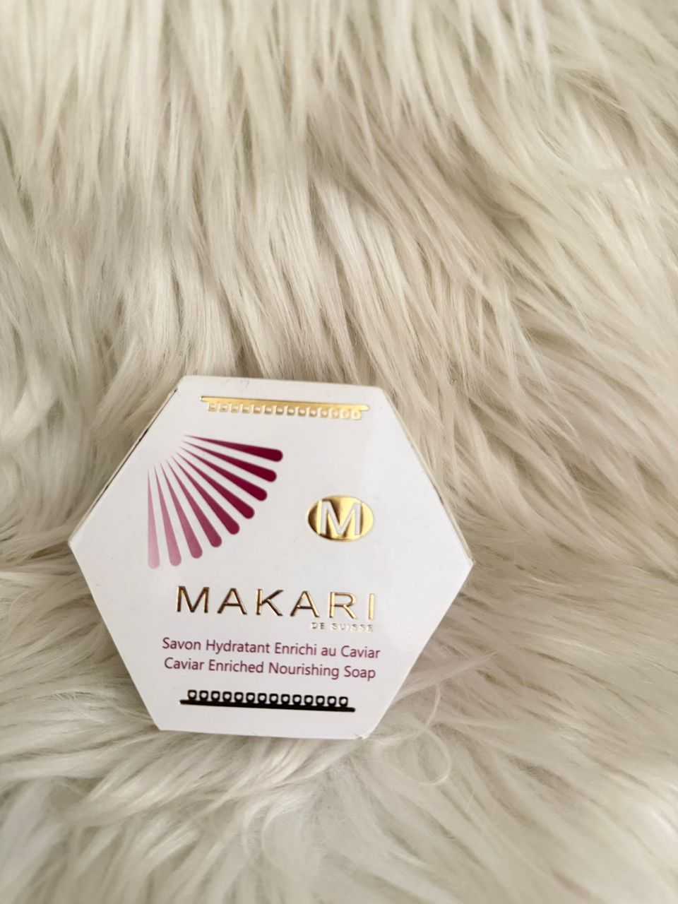 Makari caviar enriched nourishing soap in hexagonal box with logo and pink rays