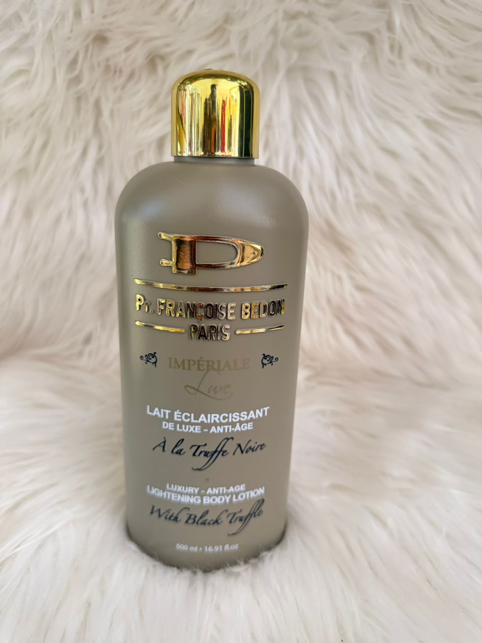 Luxury anti-age body lotion bottle, gray with gold cap and gold label text