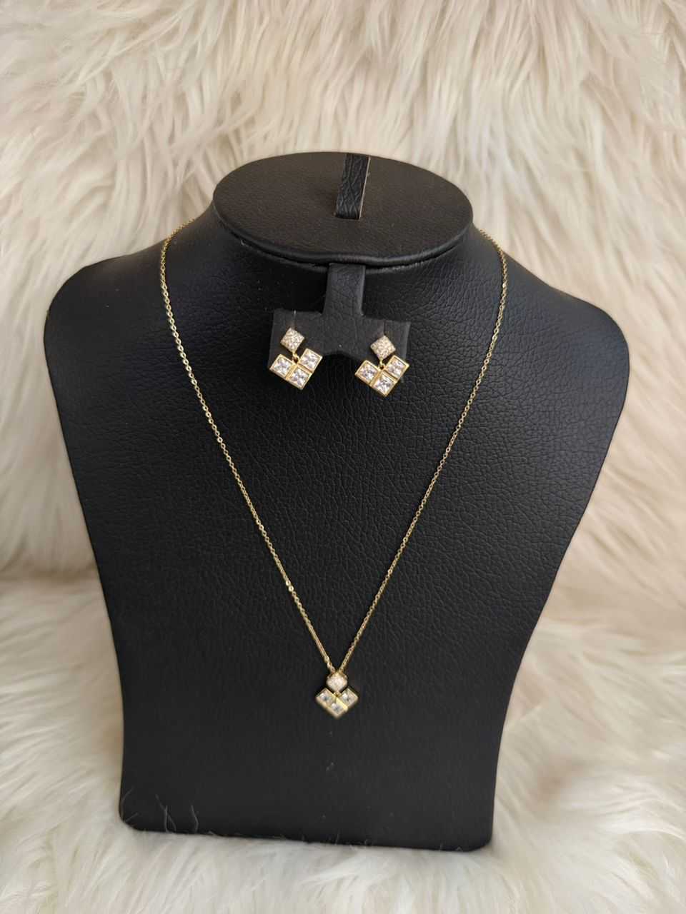 Gold square crystal necklace with matching stud earrings, pendant on thin chain