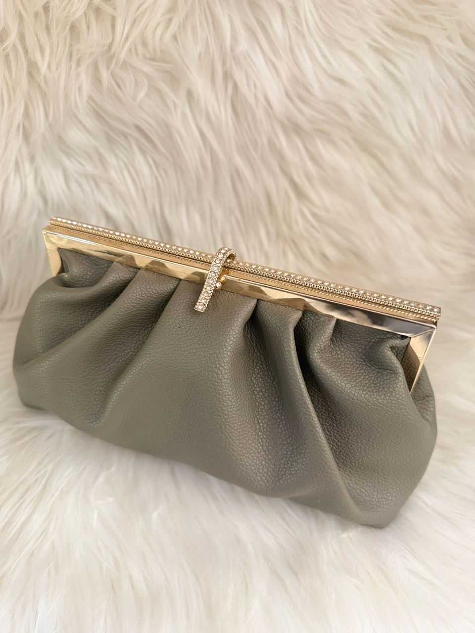 Grey pleated clutch handbag with gold-tone top frame clasp