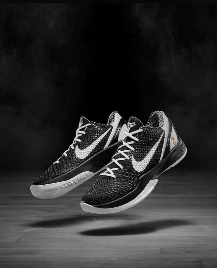 Kobe 6 Protro basketball shoes, black knit upper with white swoosh and lace-up