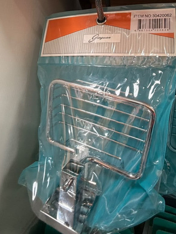 Chrome wire organizer box in blue clear plastic packaging