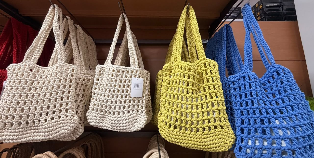 Crochet mesh tote bag, white, yellow, and blue with braided handles