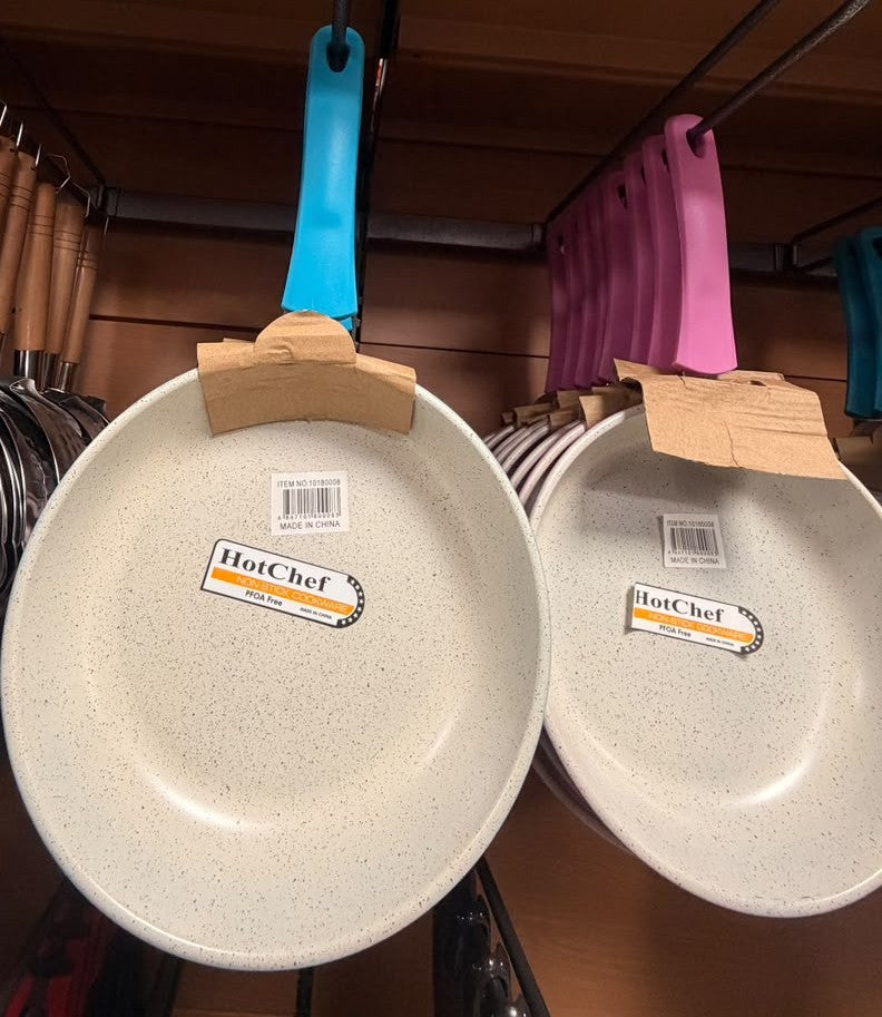 Nonstick frying pans, speckled gray, two round pans with short handles