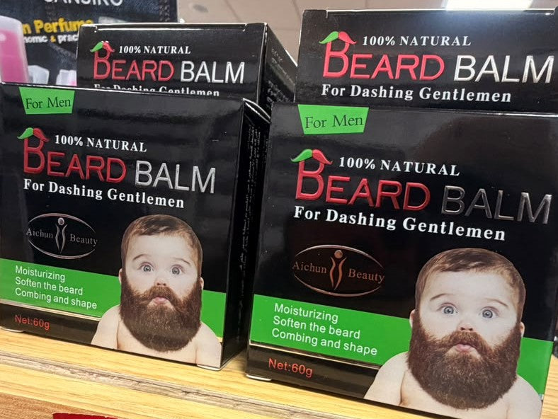Beard balm boxes for men, 100% natural, featuring a bearded man and green labels