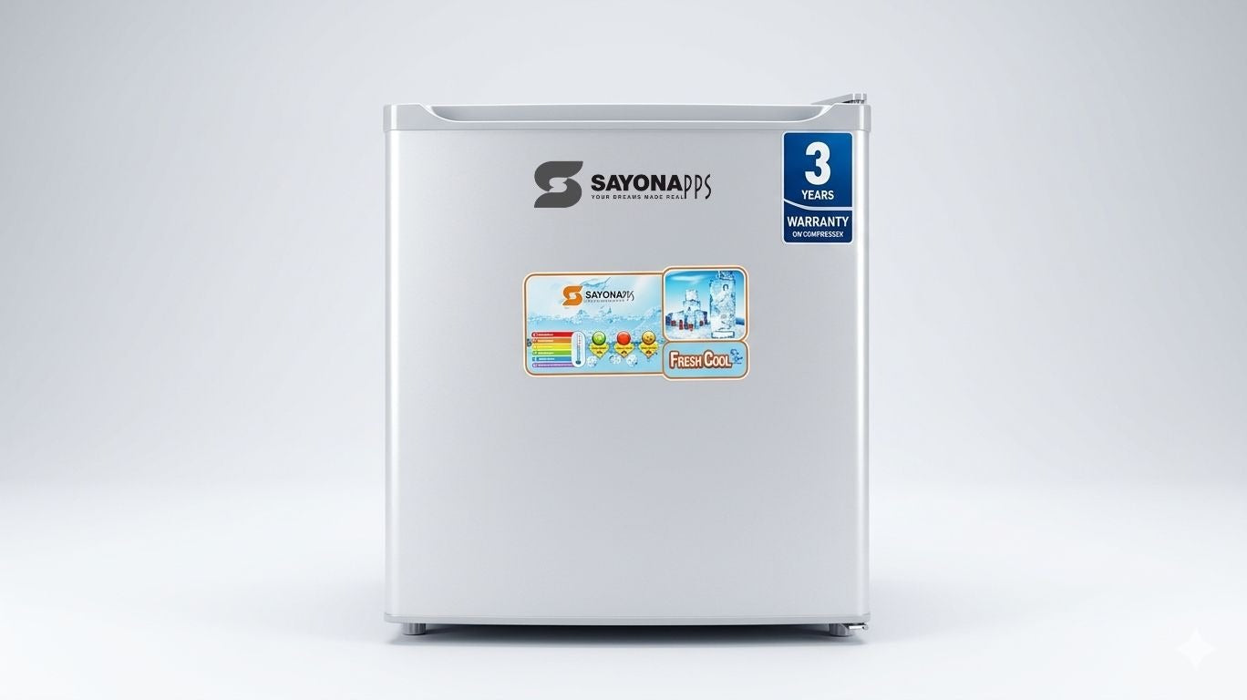 Sayona compact white refrigerator with front door and handle