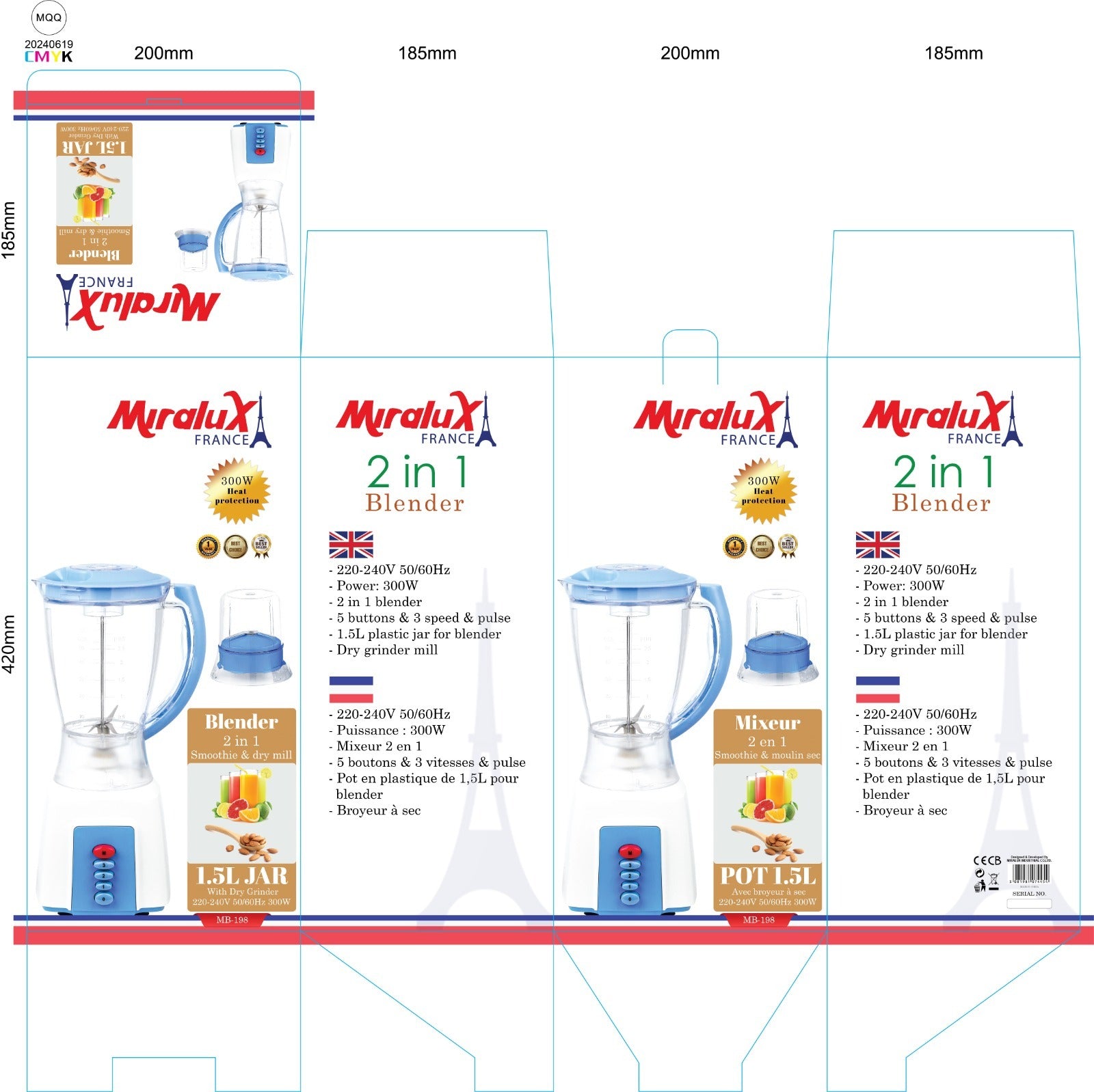 2-in-1 countertop blender with clear 1.5L jar and blue lid, white base with red buttons