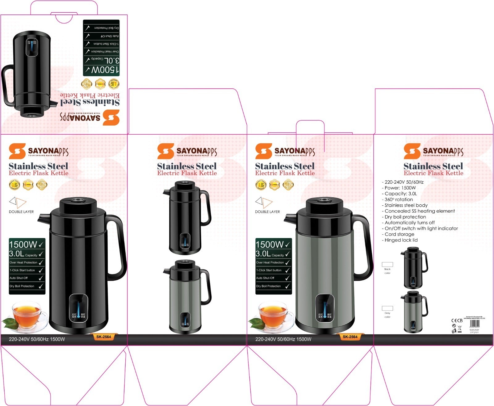 Electric stainless steel kettle with black body, 360° base, and blue power indicator