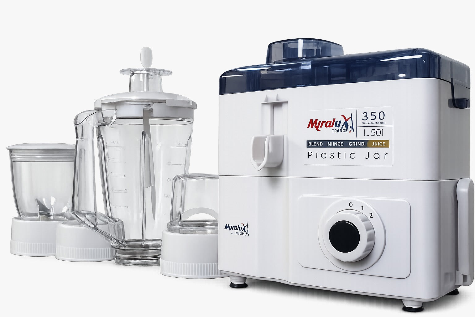 4-in-1 Miralux juicer blender with white base, dark blue top, and clear blending jars