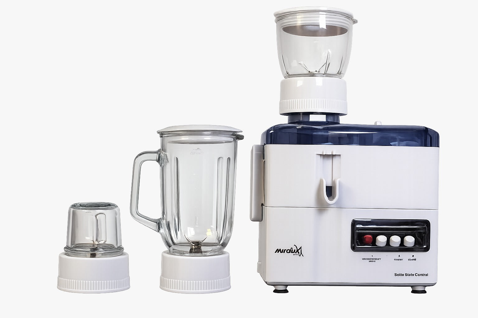 4-in-1 juicer blender with white base, navy top, and clear cups with lids