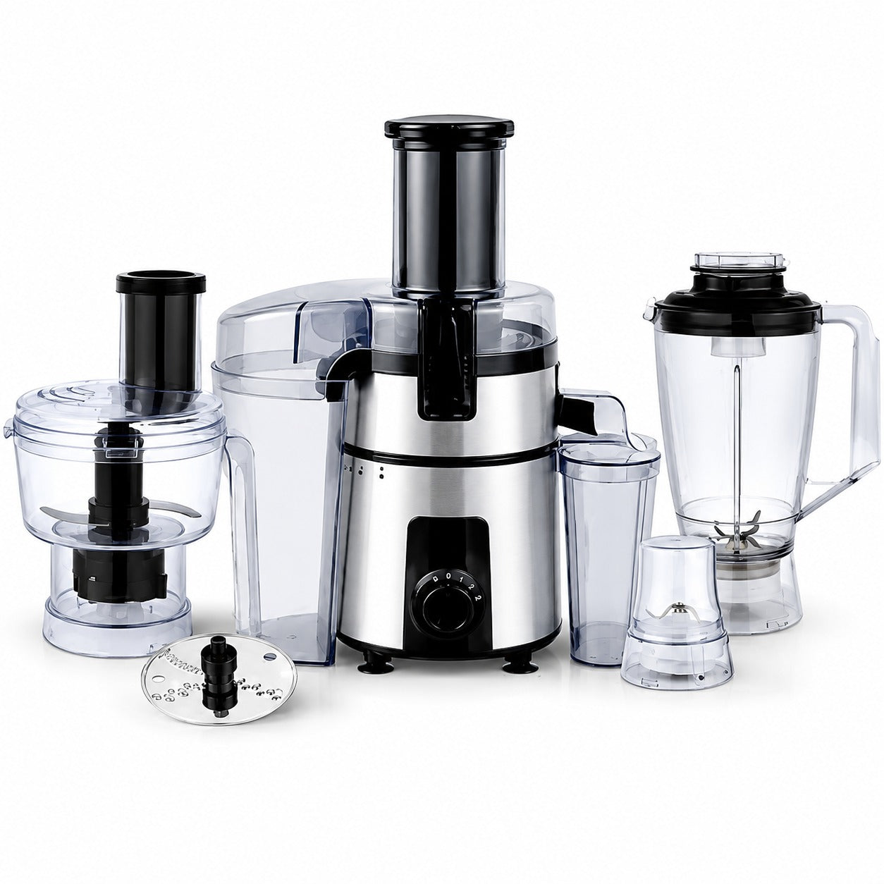 7-in-1 food processor with clear bowls, black attachments, and stainless base