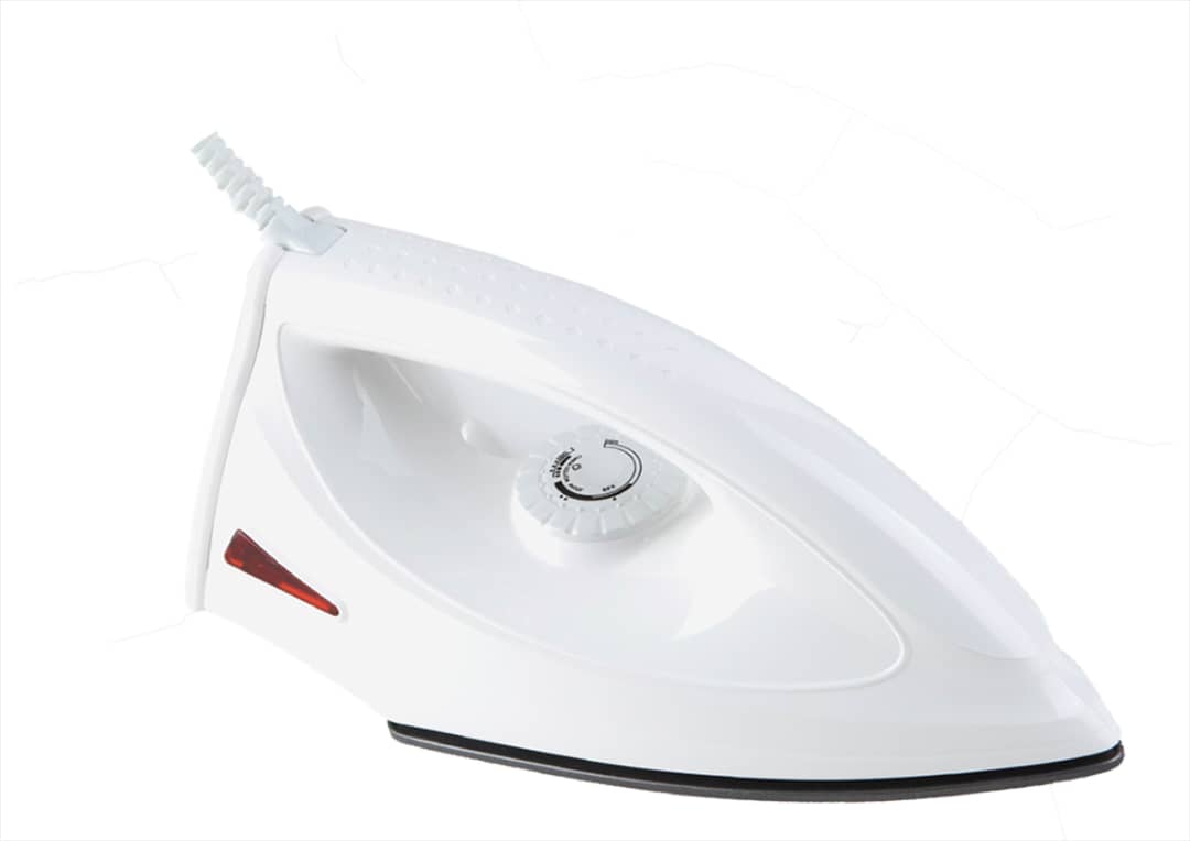 White dry iron with soleplate, temperature dial, and power cord plug