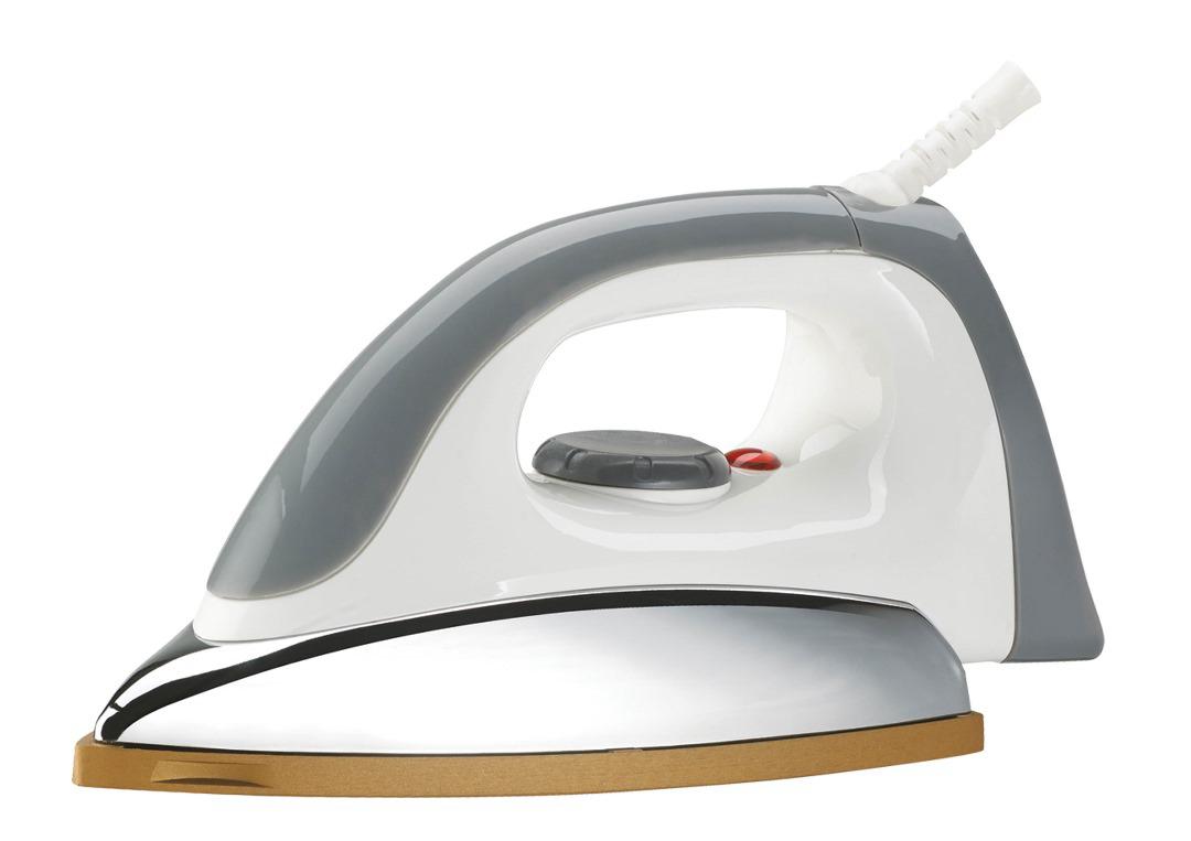 Dry iron with grey and white body and gold soleplate, angled front view
