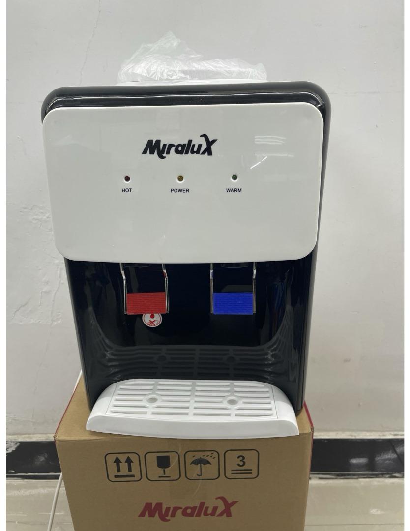 Black and white countertop water dispenser with Miralux front panel, hot and warm controls