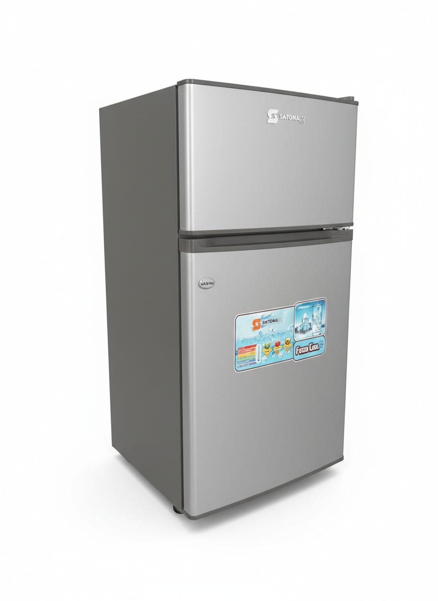 73L top-freezer refrigerator, gray and silver finish, double-door with handle