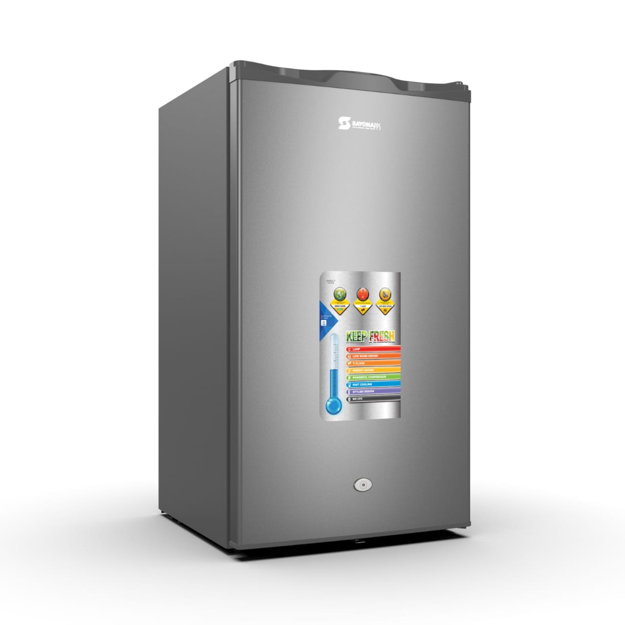 90L single-door refrigerator, gray finish, front panel with handle