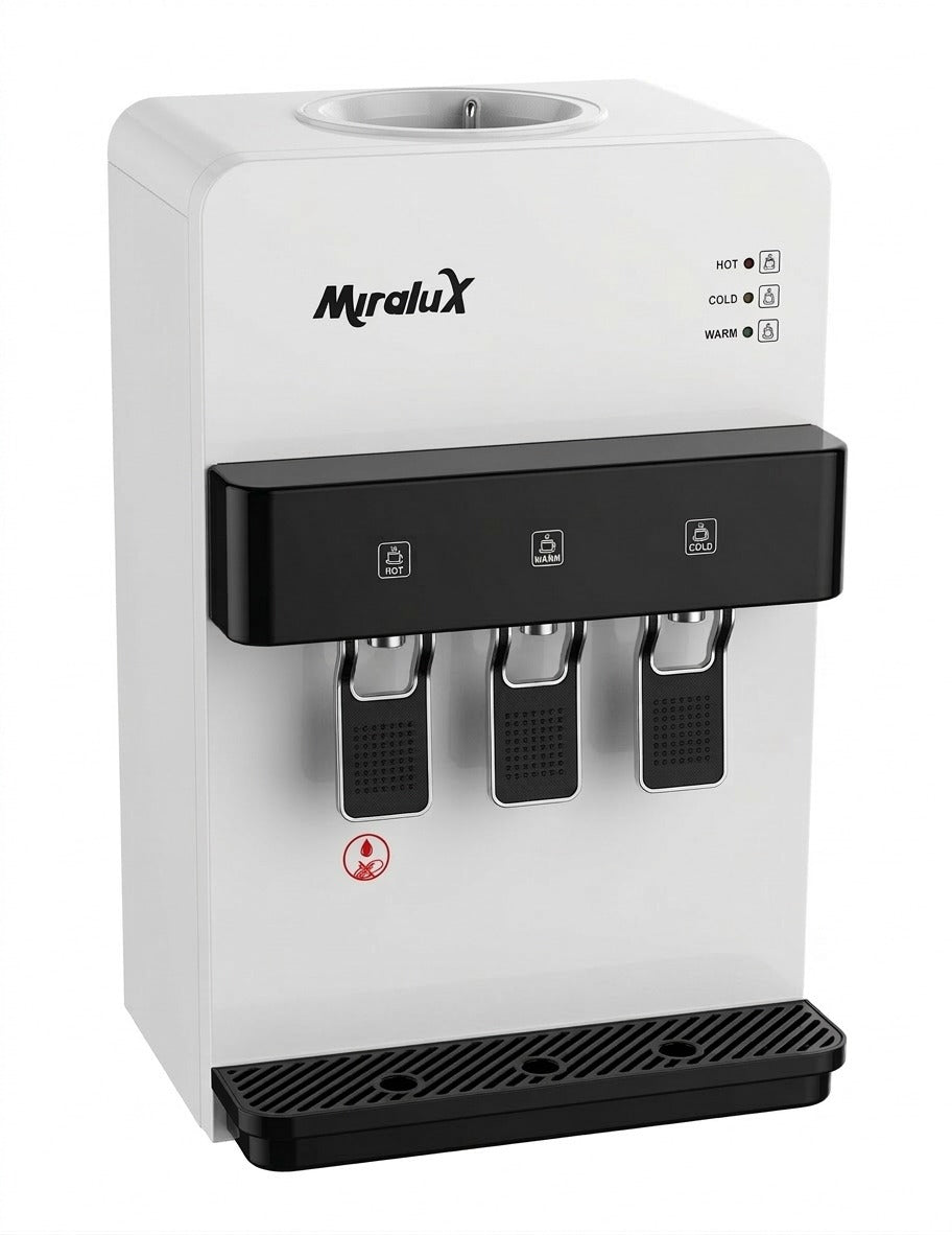 Miralux countertop water dispenser in white with black front controls and three dispensing nozzles