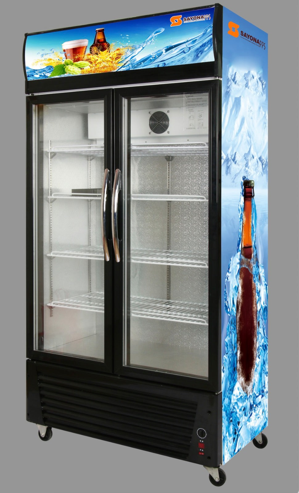 Upright 720L glass-door showcase freezer with two insulated doors and illuminated display