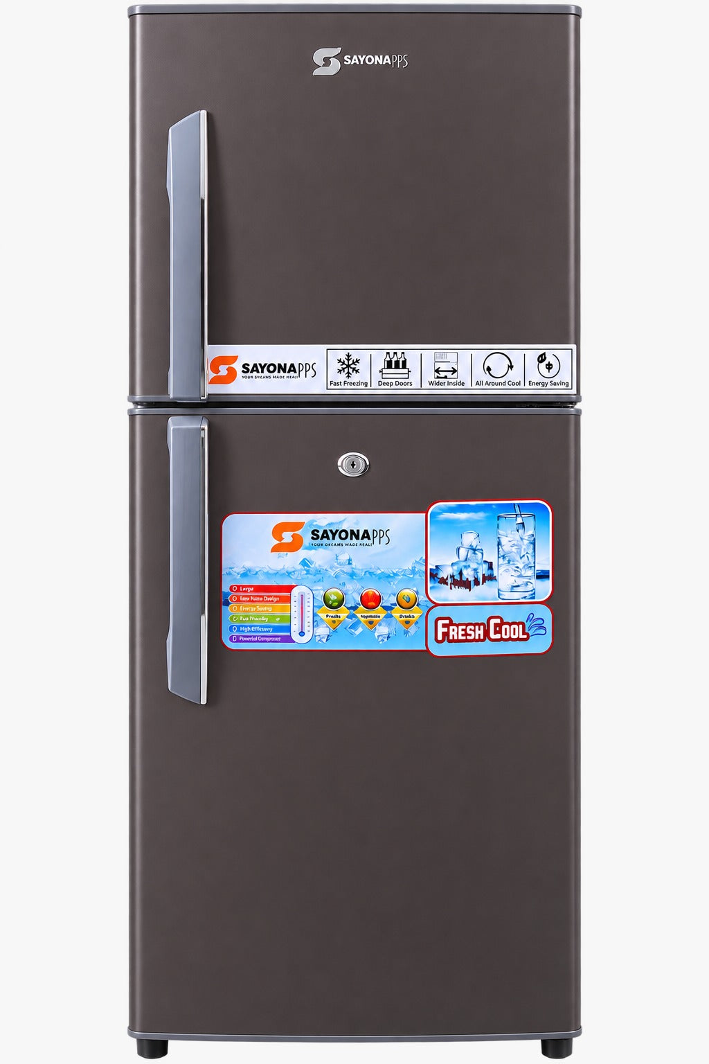 Double-door refrigerator with stainless-look handles, dark finish, digital control panel